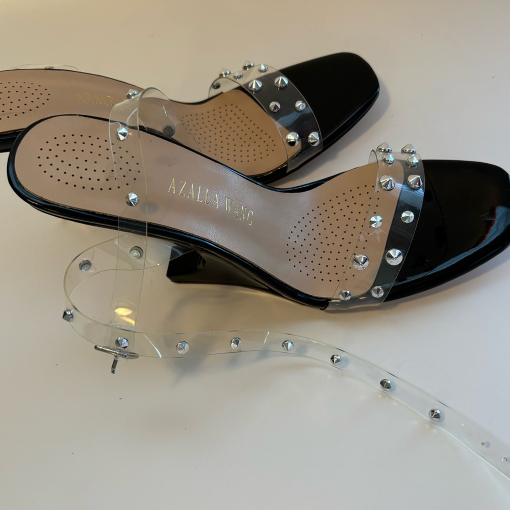 FINAL! NWOT! AZALEA WANG PATENT BLACK SILVER ACCENT CUT HEEL ANKLE WRAP HEELS - Picture 5 of 11